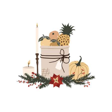 Christmas composition with basket of fruit, pumpkin and candles. Winter holiday new year season card. Vector illustration in hand drawn cartoon flat styleのイラスト素材