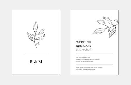 Botanical line art minimalist floral wedding invitation card template. Hand drawn black leaves sketch. Vector illustration wedding layout designのイラスト素材