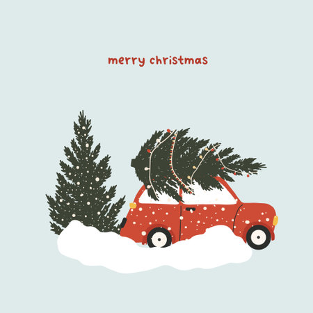 Christmas red car with gifts boxes and fir trees. Winter holiday new year season card. Vector illustration in hand drawn cartoon flat styleのイラスト素材