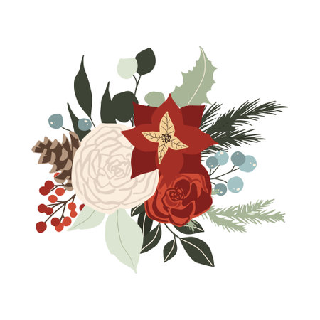 Christmas winter floral bouquet with poinsettia, white and red roses, spruce branches, pine cones, berry and green leaves. Vector illustration in hand drawn cartoon flat styleのイラスト素材