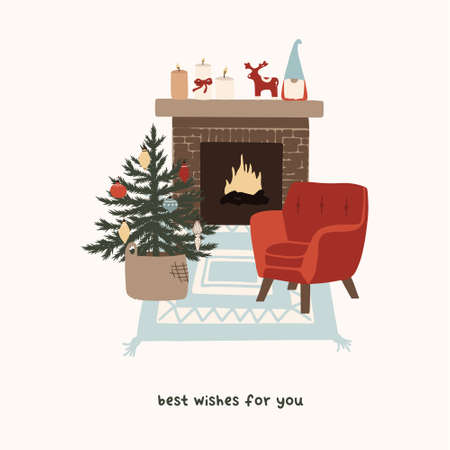 Christmas cozy armchair with fireplace and Christmas tree. Winter holiday new year season card. Vector illustration in hand drawn cartoon flat styleのイラスト素材