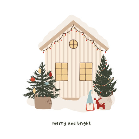 Christmas snowy house outside interior with winter landscape and fir trees. Vector illustration in hand drawn cartoon flat styleのイラスト素材