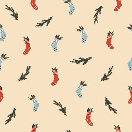 Christmas new year winter holiday seamless pattern with xmas spruce branches and Santa Claus socks....