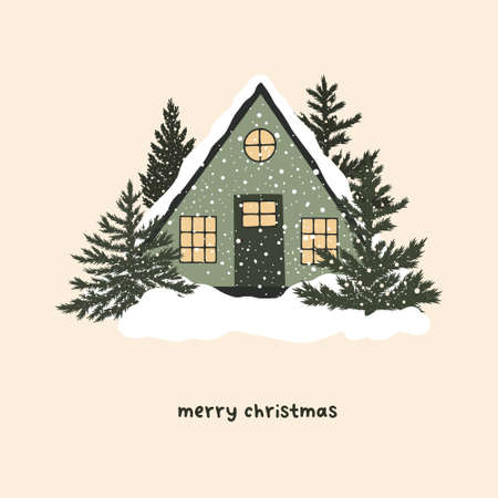 Christmas snowy house outside interior with winter landscape and fir trees. Vector illustration in hand drawn cartoon flat styleのイラスト素材