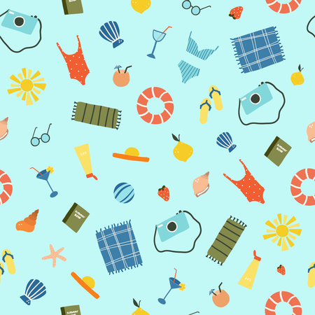 Seamless pattern with beach summer holiday items swimsuit, hat, beach mat, photo camera, book and slates, lifebuoy. Summer icons vector illustration in flat hand drawn doodle styleのイラスト素材