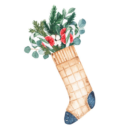 Watercolor Christmas sock decorated with bouquet of fir branches, candies cane isolated on white...