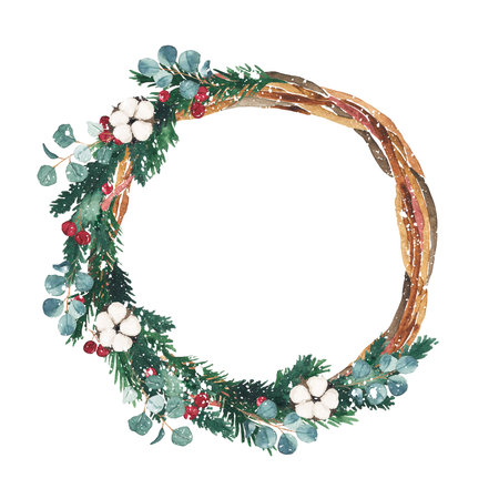 Watercolor round christmas frame with fir branches, berries, cottons isolated on white background. Botanical greenery holiday illustration for wedding invitation card designの写真素材
