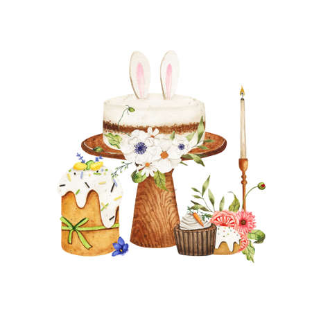 Watercolor Easter composition with cake, cupcakes, candle, bouquets isolated on white background. Spring Easter holiday illustrationの写真素材