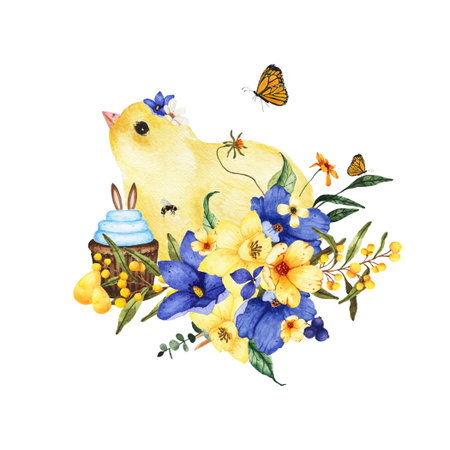 Watercolor Easter composition little chicken decorated with flowers bouquets isolated on white...