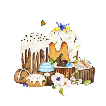 Watercolor Easter composition with cakes, cupcakes, bouquets isolated on white background. Spring...