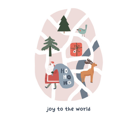 Cute winter map with Santa Claus, moose animal, Christmas tree, bird, gift. Hand drawn doodle drawing xmas childish vector illustration in flat style for kids t shirt, print cardのイラスト素材