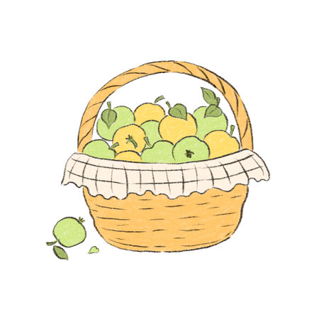 Pencil colored basket with apples drawing. Hand drawn yellow, green apple fruits autumn harvest food illustrationの写真素材