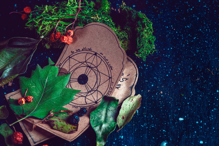 Pentagram drawing on a parchment with potion ingredients in a magical scene. Modern witchcraft concept with copy space. Dark still life photography.の写真素材