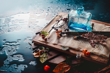 Dark autumn still life with rain, book pages, inwell, leaves, magnifying glass, berries and cinnamon on a wet background. Inspirational writers workplace.の写真素材