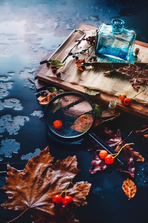 Dark autumn still life with rain, book pages, inwell, leaves, magnifying glass, berries and cinnamon on a wet background. Inspirational writers workplace.の写真素材