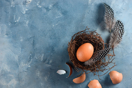 Fresh chicken eggs in nest. Minimalist cooking concept with copy space.