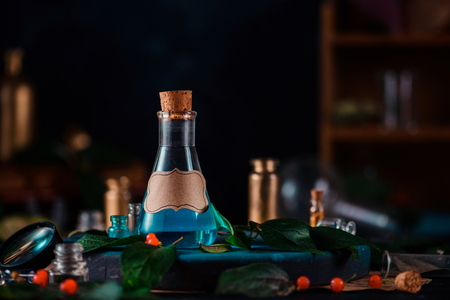 Modern witchcraft concept header. Blank label on a magic potion bottle. Potions, berries, herbs and occult equipment. Magical still life with copy space on a dark background.の写真素材