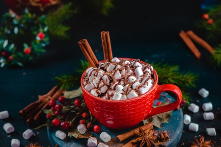 Christmas cocoa header with marshmallows, chocolate crumbs, and syrup. Large coffee cup with homemade hot chocolate. Winter drink photography on a dark backgroundの写真素材