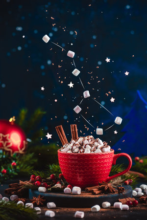 Marshmallow Ursa Major constellation with chocolate crumbs over a red cup of Christmas hot chocolate. Winter drink on a dark background with copy space. Action food photoの写真素材