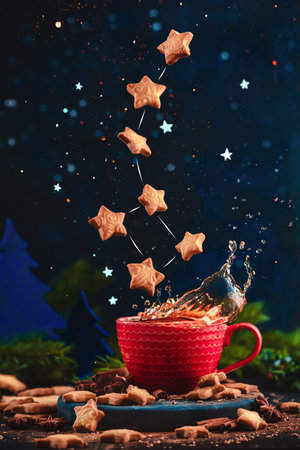 Star-shaped cookie Ursa Minor constellation with chocolate crumbs over a red cup of Christmas hot chocolate. Winter drink on a dark background with copy space. Action food photoの写真素材