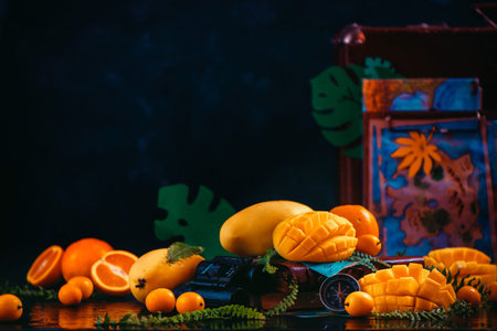 Mango, oranges, kumquat and other tropical fruits on a dark background with copy space. Traveling for the discovery of exotic fruits concept.の写真素材