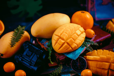 Mango close-up with oranges, kumquat, and other tropical fruits. Dark background with copy space. Traveling and discovery of exotic fruits concept.の写真素材