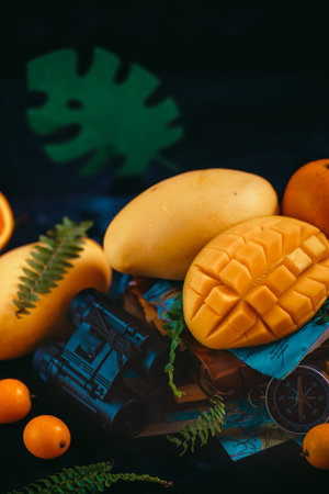 Mango close-up with oranges, kumquat, and other tropical fruits. Dark background with copy space. Traveling and discovery of exotic fruits concept.の写真素材