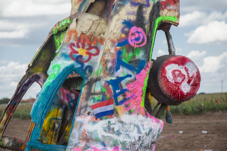 Detail of Cadillac Ranch car. Yellow. Texas. USA. created in 1974 by Chip Lord, Hudson Marquez and Doug Michelsのeditorial素材