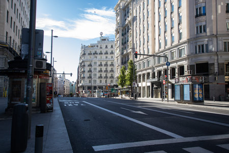 Madrid, Spain; 05 20 2020: Gran Vía street, in Madrid, during the Covid 19 pandemic with few people