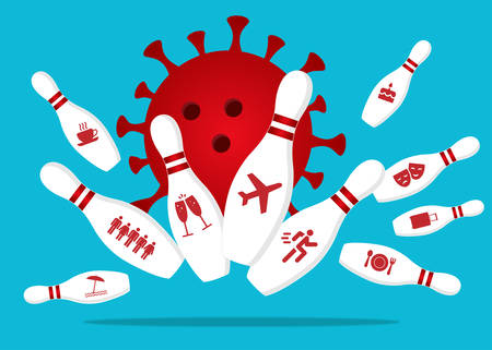 Coronavirus knocks out a punch in the bowling alley. The skittles have an icon for restricted activities.のイラスト素材