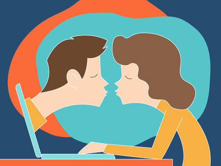 Online Dating, long-distance love, a kiss. Video chat vector conceptのイラスト素材