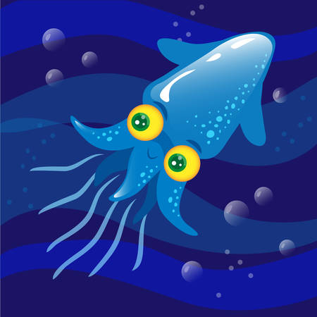 The blu squid in the water, waves and bubbles. Vector childrens illustration. Dark backgroundのイラスト素材
