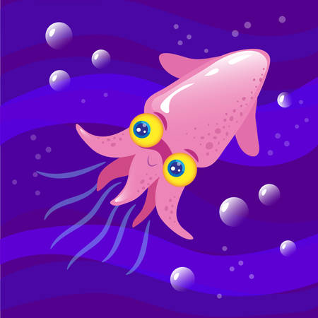 The pink squid in the water, waves and bubbles. Vector childrens illustration.のイラスト素材