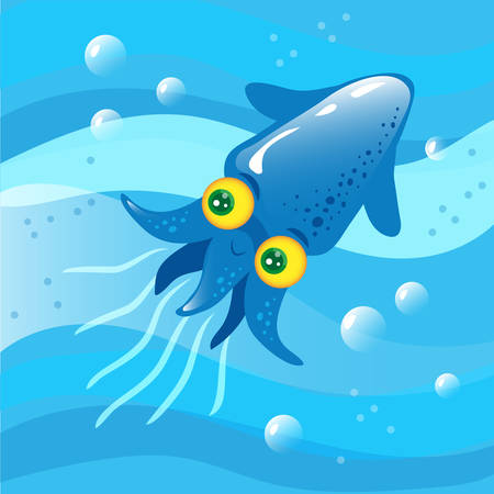 Blue squid in the water, waves and bubbles. Vector childrens illustration.のイラスト素材