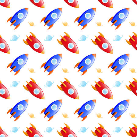 Rocket and planets in space, seamless children pattern, red, blue, white bakgroundのイラスト素材