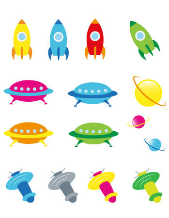 Set of Planets, spacecraft, rocket, Satellite. Vector, children illustrationのイラスト素材