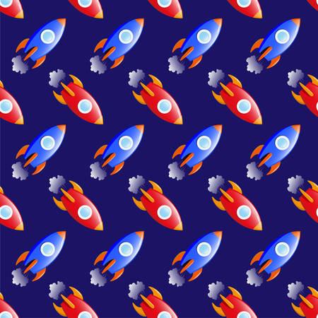 Rocket and planets in space, seamless children pattern, red, blueのイラスト素材