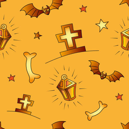 Halloween seamless vector background, pumpkin, cap, bat, cross.のイラスト素材