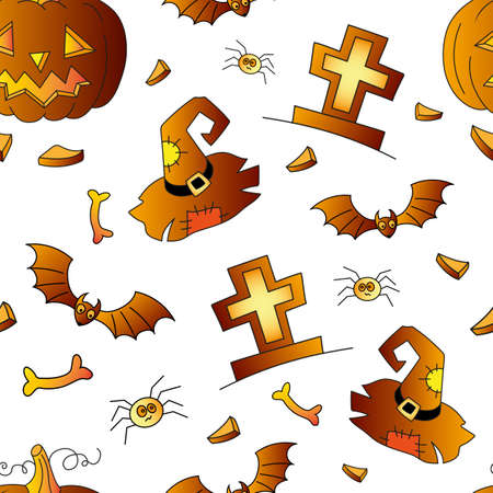 Halloween seamless vector background, pumpkin, cap, bat, cross.のイラスト素材