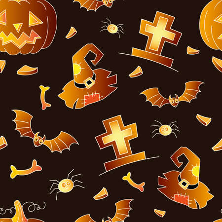 Halloween seamless vector background, pumpkin, cap, bat, cross.のイラスト素材