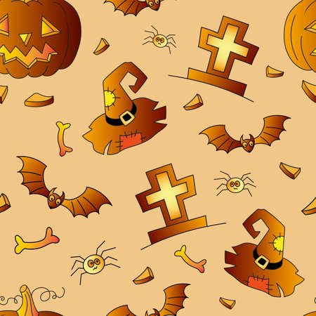 Halloween seamless vector background, pumpkin, cap, bat, cross.のイラスト素材