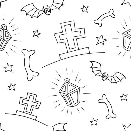 Halloween vector seamless. Black and white outline illustration.のイラスト素材