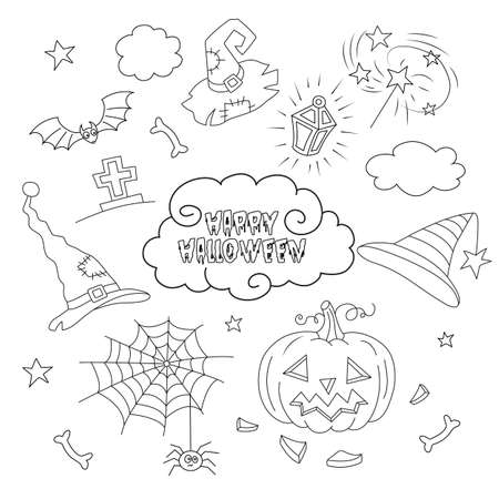 Halloween vector set, pumpkin, cap, bat. Black and white outline illustration.のイラスト素材