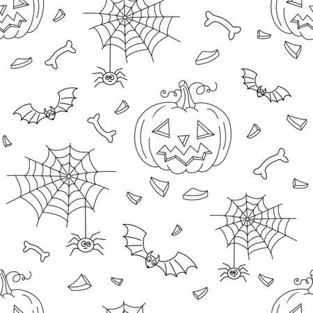 Halloween vector seamless. Black and white outline illustration.のイラスト素材