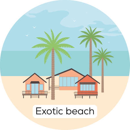 Exotic beach, bungalows and palm trees, Sea Vector illustrationのイラスト素材
