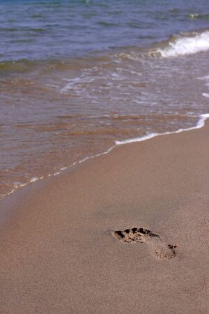 Footprint on the sand at the beach. Holiday symbol of quiet rest in attractive areas on the beach with copy spaceの写真素材