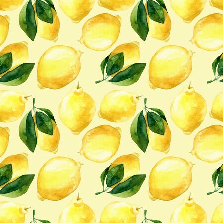 Seamless hand rawn watercolor lemon pattern on yellow background. Botanical illustration of yellow citrus fruits. Ideal for food packaging designの写真素材