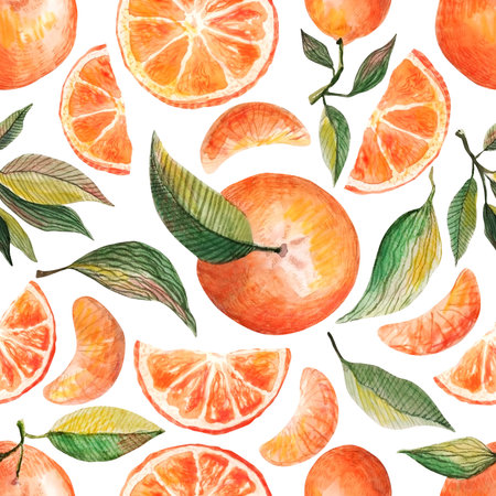 Watercolor seamless pattern with oranges tangerines citrus fruits green leaves isolated on white...