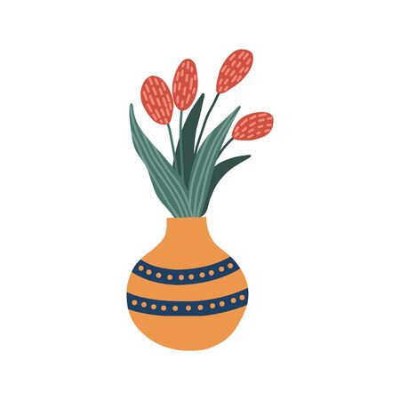 Colorful Spring Flowers in Vase. Hand-drawn tulips in flat style. Red tulip flowers bouquet. Isolated on white background Cozy Interior decoration.のイラスト素材