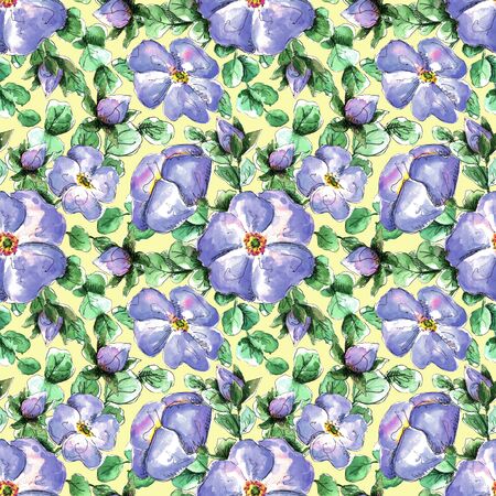 Seamless watercolor pattern with hand-drawn coral wild rose flowers for your print and textile design. light blue flowers and buds, green rosehip leaves on a yellow background. delicate feminine spring patternの写真素材